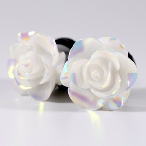 Plug Earrings - 00g, 7/16 in, 1/2 in, and 9/16 in - White AB Rainbow Finish Rose Plugs