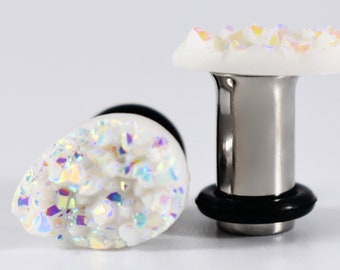 Plugs - White AB Finish Faux Druzy Sparkle Teardrop 4g, 2g, and 0g