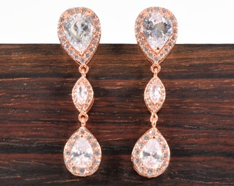 Plugs - Dangle Pink Rose Gold and Rhinestone Teardrops - 4g and 2g - Steel Tunnels Only!