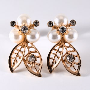 Plugs - Bridal Formal - Gold Pearl and Rhinestone Leaf Plugs - 2g, 0g, and 00g.