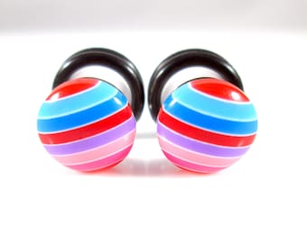 Clearance - Plugs - Pink, Red, and Blue Stripes Candy Dots 4g, 2g, and 0g