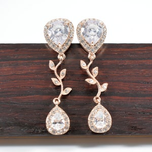 Dangle Plugs - Pale Rose Gold and Rhinestone Teardrops With Vines - 4g, 2g and 0g - Steel Tunnels Only!