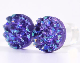 Pendientes De Tapón - Purple Sparkle Faux Druzy 2g, 0g y 00g