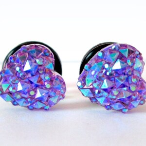 Plugs - Plug Earrings - Pretty Purple Geometric Sparkle Heart Plugs - 4g, 2g, and 0g