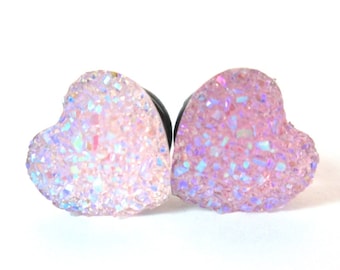 Plugs - Sparkle Pale Pink Druzy Heart 2g, 0g, 00g