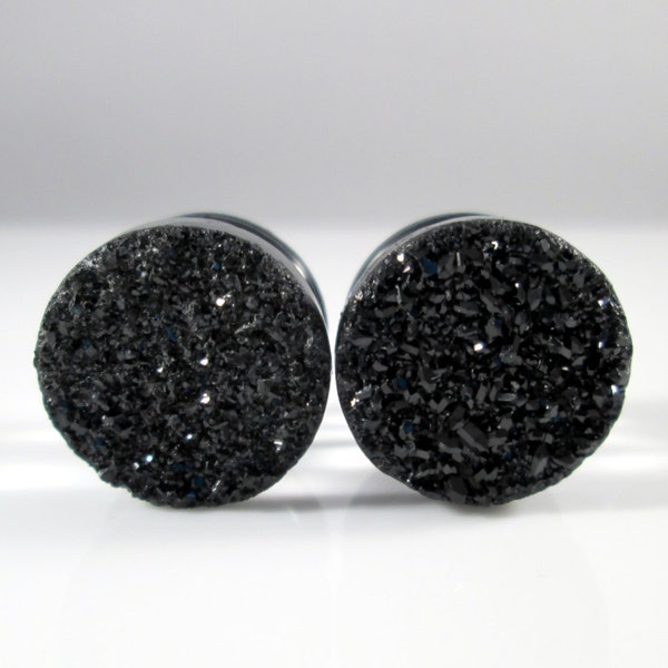 Plug Earrings - Black Sparkle Faux Druzy 2g, 0g, 00g, 7/16 in, 1/2 in and 9/16 in