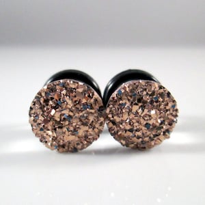 Plug Earrings - Rose Gold Sparkle Faux Druzy 2g, 0g, 00g, 7/16&quot;, 1/2&quot;