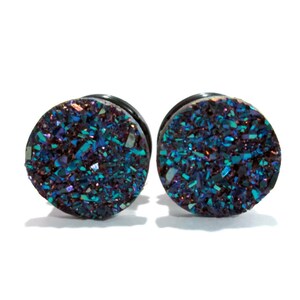 Plugs - Blue with purple accents Druzy 7/16in, 1/2 in, and 9/16in.