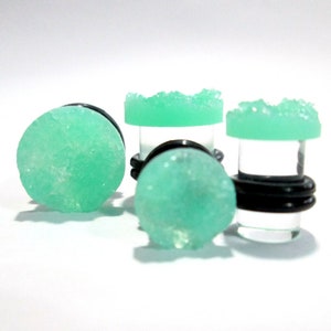 Clearance - Plugs - Mint Green Druzy - 2g, 0g, 00g, 7/16 in, 1/2 in, and 9/16 in