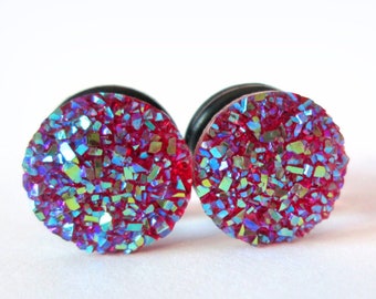 Enchufes - Red Purple Druzy Sparkle Glitter Plugs - 2g, 0g, 00g, 7/16 in y 1/2 in