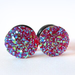 Plugs - Red Purple Druzy Sparkle Glitter Plugs - 2g, 0g, 00g, 7/16 in and 1/2 in
