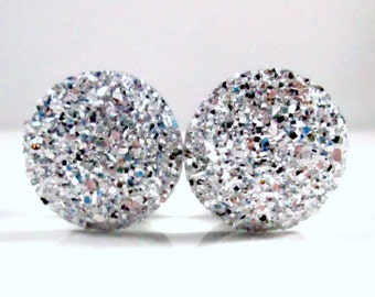 Gauges - Plug Earrings - Silver Large Sparkle Faux Druzy 9/16 in, 5/8 in, 3/4 in, 7/8 in