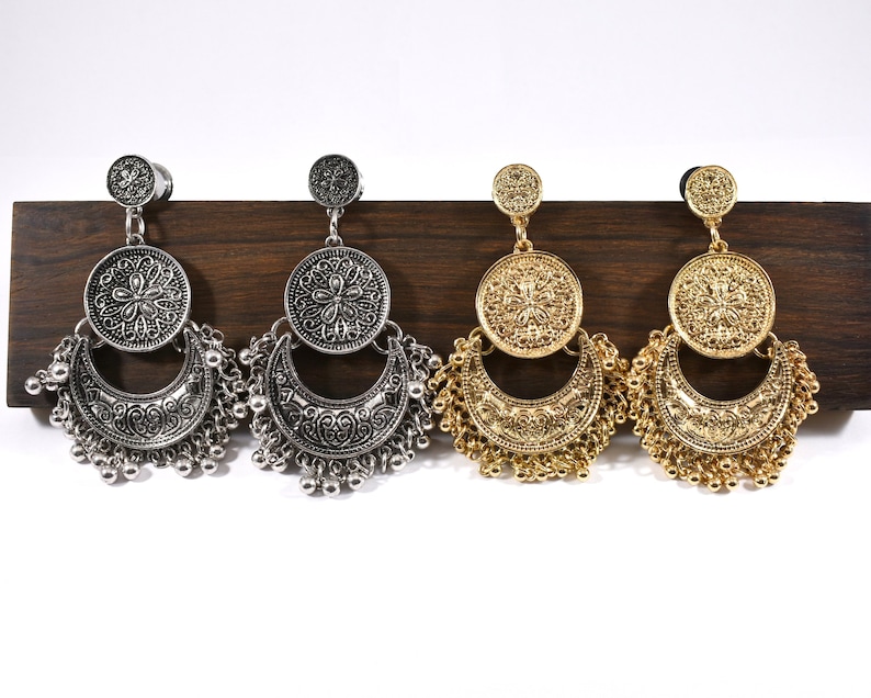 4g Dangle Plugs 2g and 0g Gold or Silver Moroccan Bohemian Boho Dangle Plugs