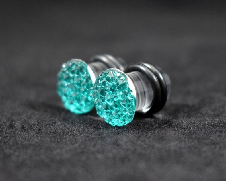 Plug Earrings Aqua Blue Geometric Sparkle Druzy 4g 2g and Etsy