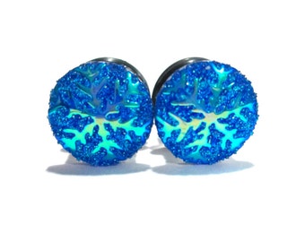 Plugs - Blue Snowflake Frozen Plugs - 0g, 00g, 7/16 in, and 1/2 in.