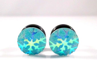 Plug Earrings - Pretty Turquoise Winter Snowflake Frozen 2g, 0g, and 00g