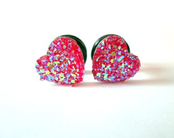 Plugs - Pink Heart Sparkle Druzy 2g, 0g, and 00g