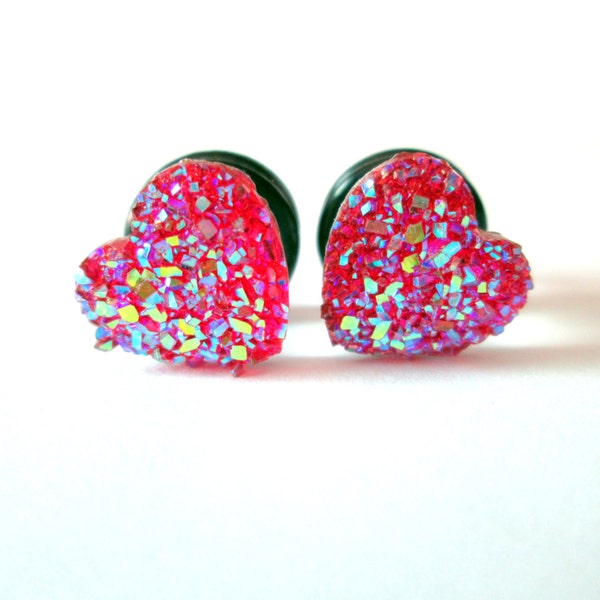 Plugs - Pink Heart Sparkle Druzy 2g, 0g, and 00g