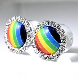Plug Earrings - Rainbow with Rhinestone Ring Plugs - 9/16 in, 5/8 in and 3/4 in