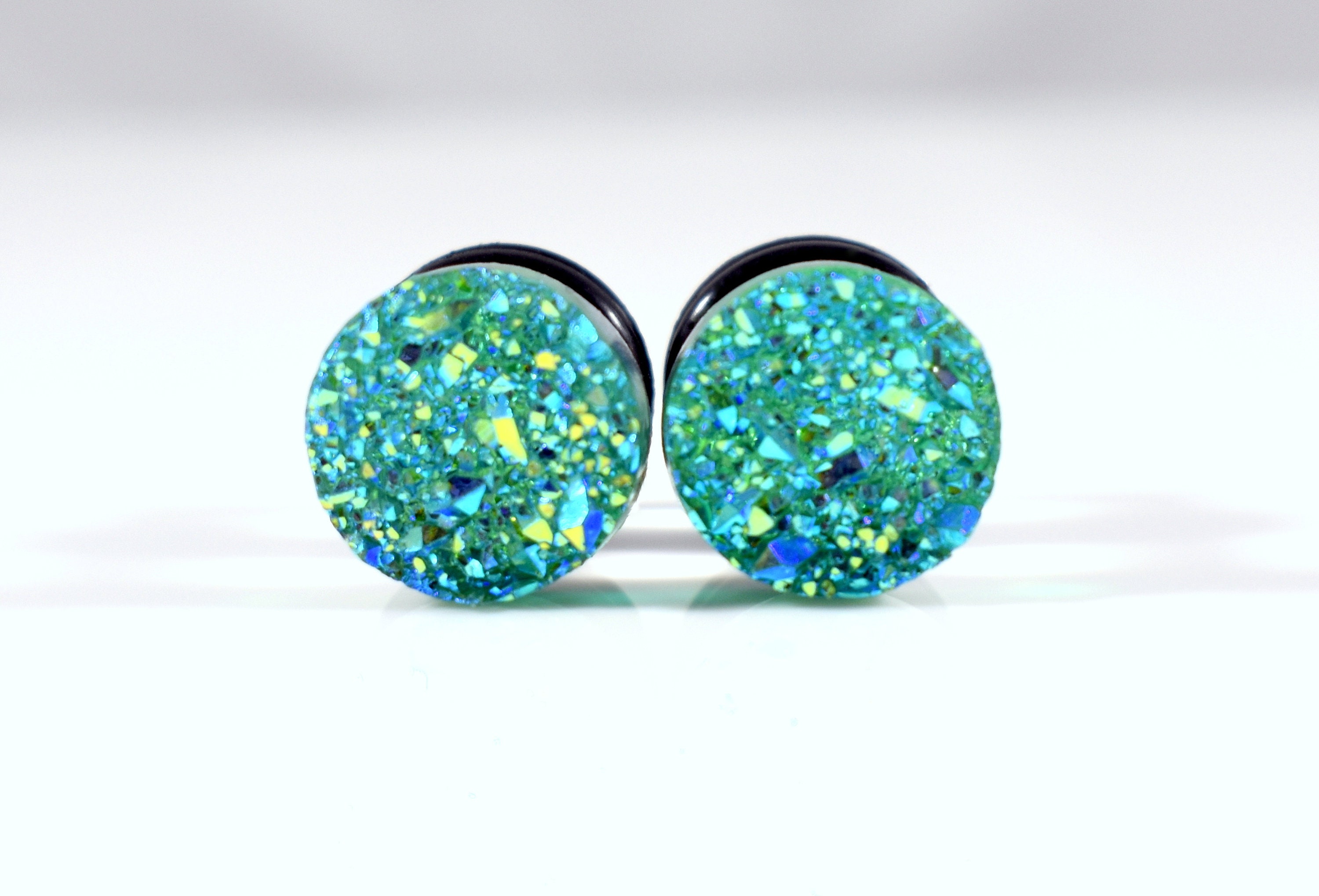 Plug Earrings Aqua Green Sparkle Faux Druzy Plugs 2g 0g Etsy