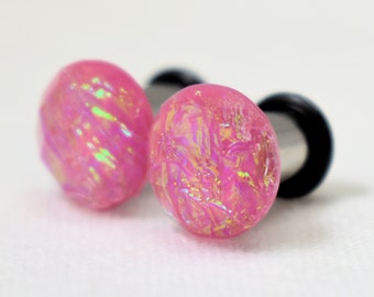 Plug Earrings - Pink Rainbow Oil Slick Foil Facet Plugs - 4g, 2g, 0g, and 00g