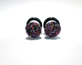 Purple and Gold Druzy Sparkle Plugs - Available in 4g, 2g, 0g