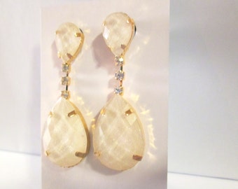 Gold Teardrop Dangle Plugs: Ivory Facet Sparkle (4g, 2g, 0g)