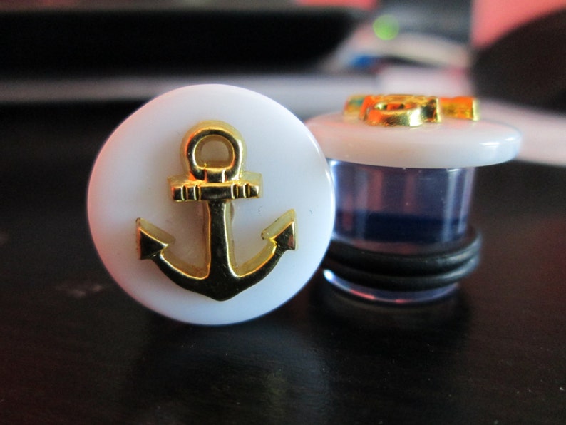 Gauges Gold Anchors White Button Plugs Clearance Sale Etsy