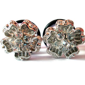 Clearance - Plugs - Silver Flower Sparkle Rhinestone 1/2 in, 9/16 in, and 5/8 in.