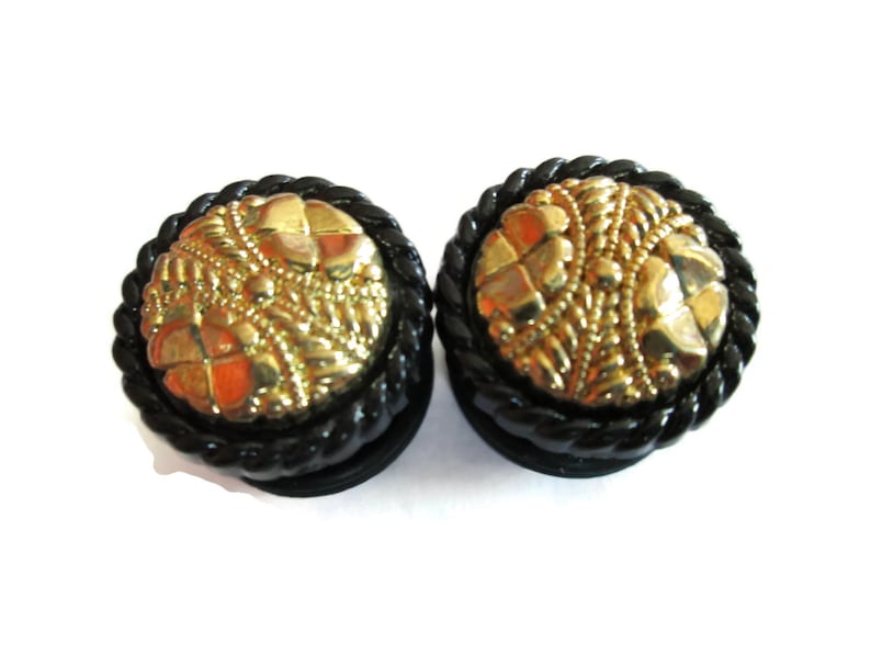 classy Black and Gold Plug Earrings Fancy 916 in and 58 in. vintage button plugs 12 in