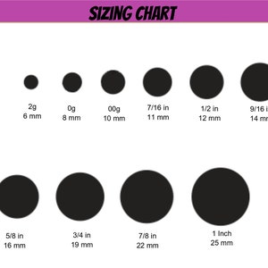 May include: Sizing chart for jewelry, showing different sizes in millimeters and inches. The chart includes sizes from 4g to 1 inch.