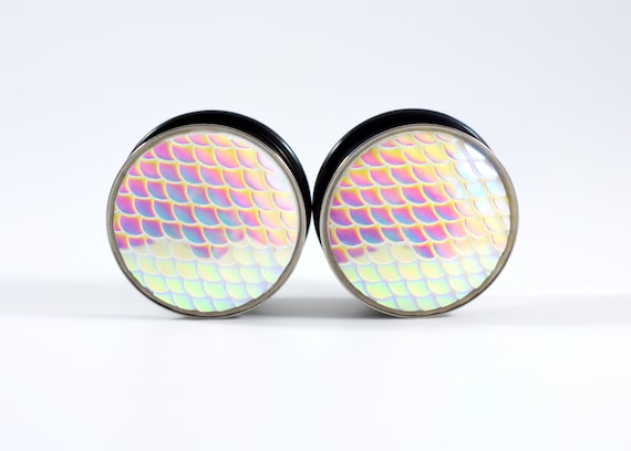 Gauges - Plug Earrings - White Rainbow Finish Mermaid Scale 3/4 in, 7/8 in, 1 in