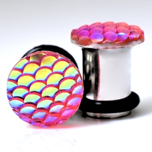 Plug Earrings - Bright Pink Mermaid Dragon Scale Plugs - 4g, 2g, 0g, and 00g