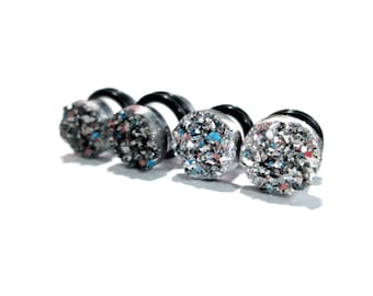 Plug Earrings - Dark Grey or Light Silver Sparkle Druzy 2g, 0g, and 00g
