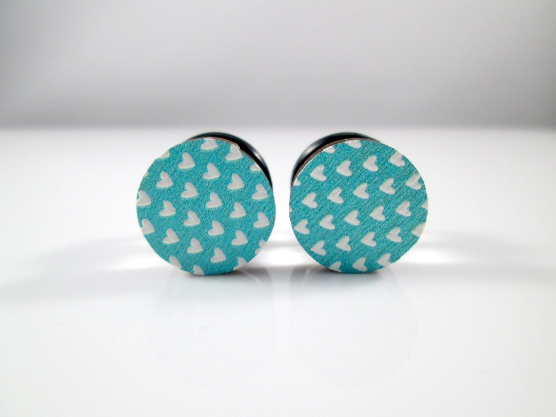 Plug Earrings Turquoise White Hearts Pattern Button Plugs Etsy