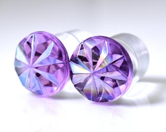 Pendientes de tapón - Tapones de gemas con forma de estrella morada - 2 g, 0 g y 00 g