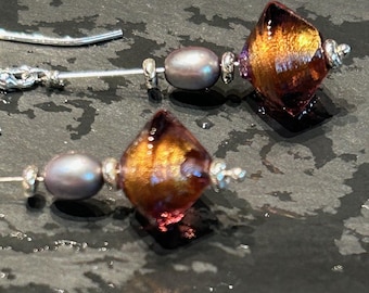 Handmade Murano Glass and Grey Pearl Earrings on Silver Wires