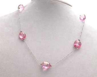 Pink Topaz Necklace in 14K White Gold | Handmade | Floating Gemstones | Blush Pink