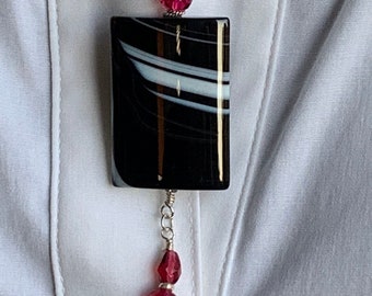 Black & White Striped Agate Necklace on Sterling Silver Cable Chain with Red Crystals  Handmade