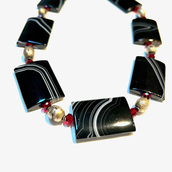 Dramatic Necklace | Black & White Striped Agate | Red Swarovski Crystals | Vintage Tibetan Silver Beads | Handmade | Bold Design