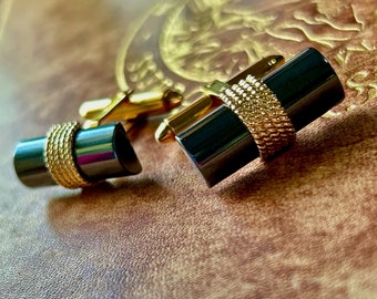 14K Gold and Hematite Cuff Links | Bar & Rope Design, Swivel Back