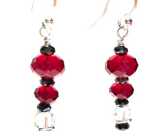 Handmade red crystal drop earrings with black spinel