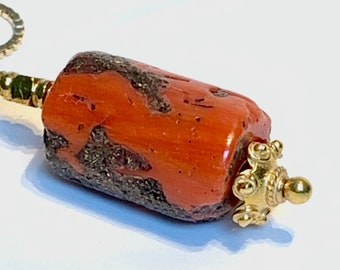 300-Year-Old Coral Cylinder Pendant | 14K & 18K Gold, Bronze Inlay