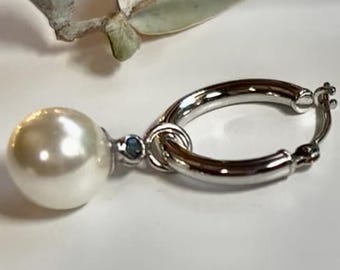 14K White Gold Hoops with Pearl & Blue Sapphire Drops