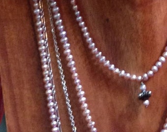 Freshwater Pearl Necklace, 5-Strands, Layered Look, Sterling Silver and Crystal Clasp, Pinkish-Mauve Pearls, One-of-a-Kind, Statement