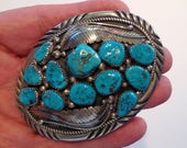 Kingman Turquoise Huge Vintage Navajo Belt Buckle Sterling Silver Native American Arizona Sky Blue Turquoise Signed CH Fabulous