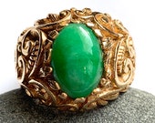 Exceptional Jade Ring, Man 39 s Ring, Apple Green Jadeite Jade, Heavy Custom-Made Mounting, Ornate Scroll Design, 1960 39 s, 14K Yellow Gold