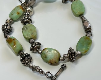 Chrysoprase Sterling Silver Bracelet | Unisex, Tibetan Beads, 9"