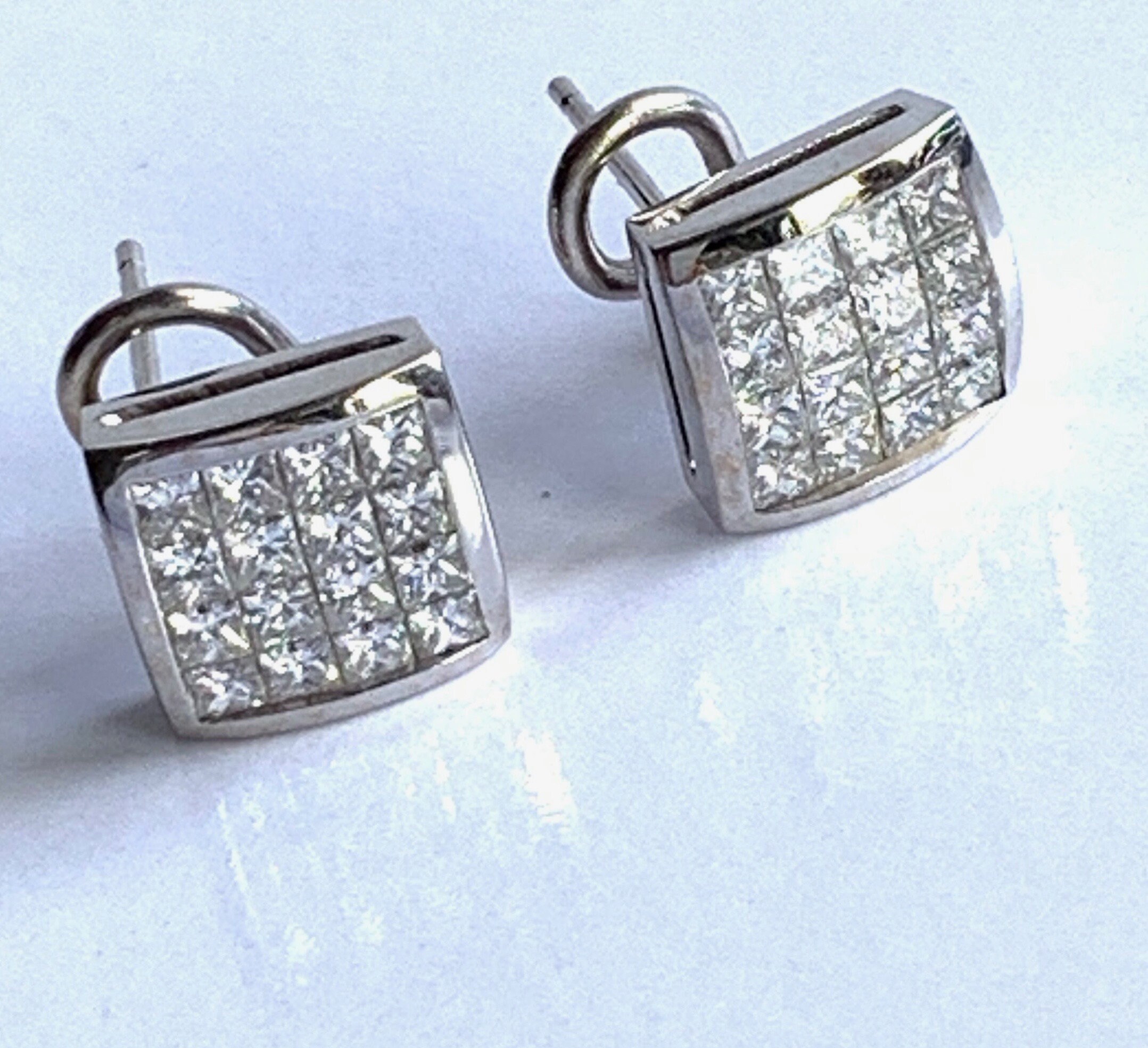 Diamond Earrings Invisibleset Princess Diamonds 18K White Etsy