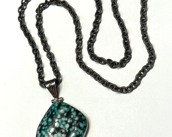 Large Turquoise Pendant Spiderweb Matrix Stone, Sterling Silver Unisex Statement